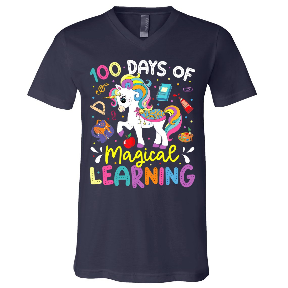 Cute 100 Days Of Magical Learning 100th Day School Unicorn V-Neck T-Shirt