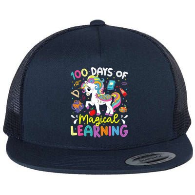 Cute 100 Days Of Magical Learning 100th Day School Unicorn Flat Bill Trucker Hat