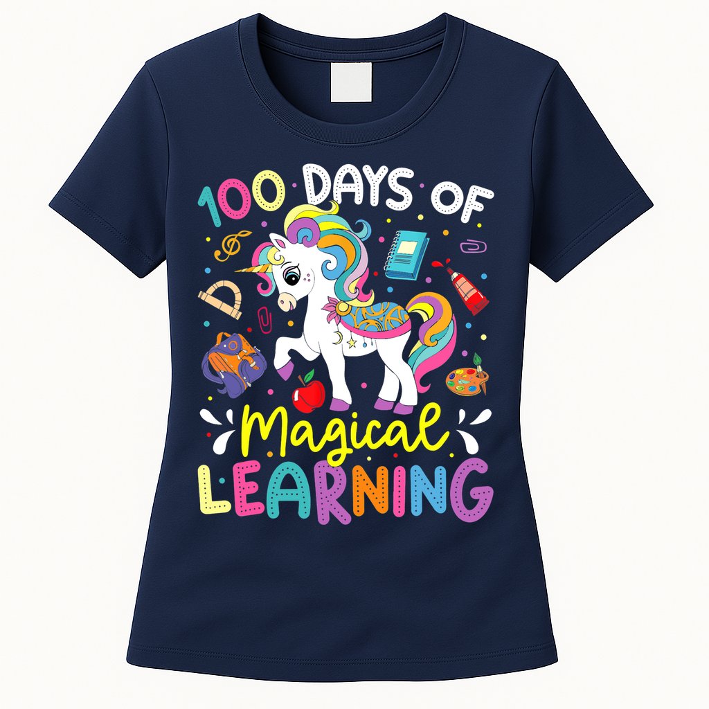 Cute 100 Days Of Magical Learning 100th Day School Unicorn Womens T-Shirt