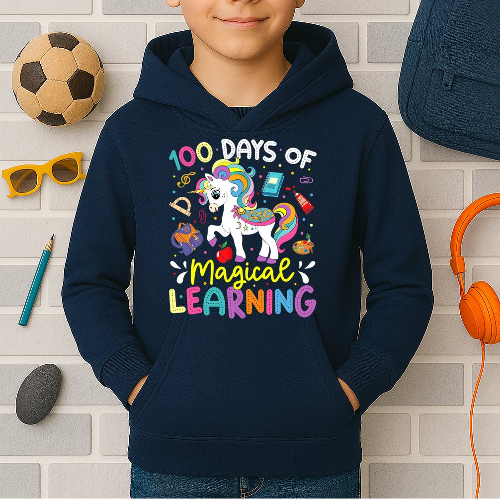 Cute 100 Days Of Magical Learning 100th Day School Unicorn Kids Hoodie