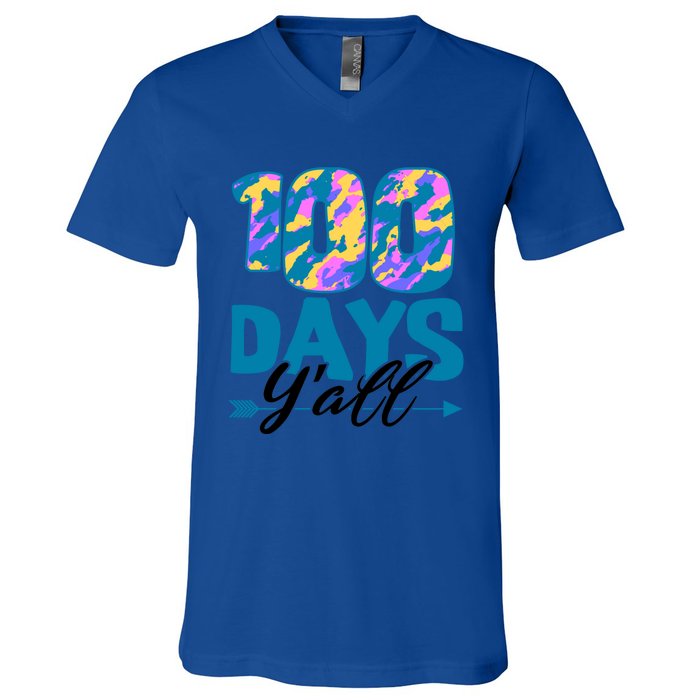 Camouflage 100 Days Y'all Funny 100th Day Of School Cute Gift V-Neck T-Shirt