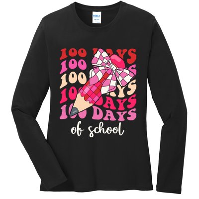 Cute 100 Days Of School Ribbon Bow Ladies Long Sleeve Shirt