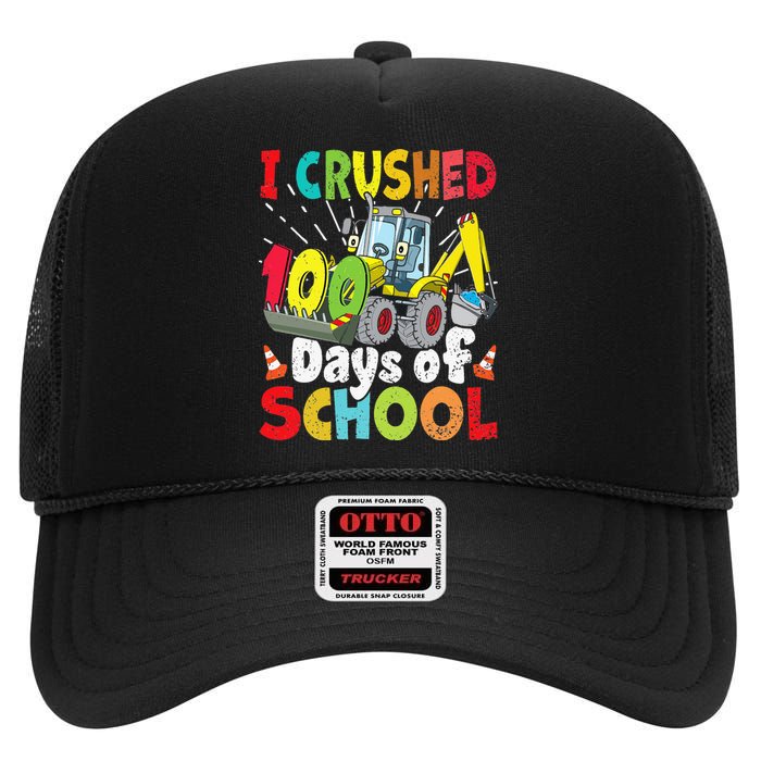 Crushed 100 Days Of School Construction Excavator Truck High Crown Mesh Back Trucker Hat