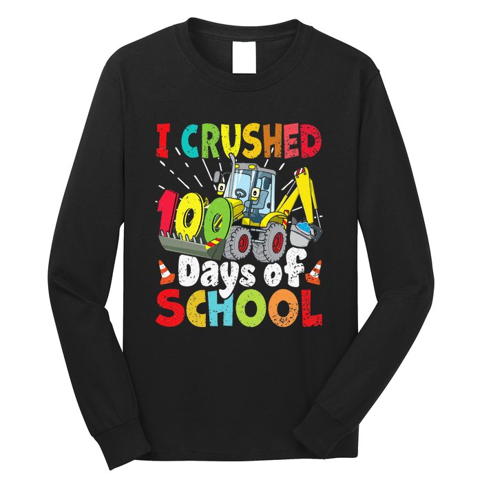 Crushed 100 Days Of School Construction Excavator Truck Long Sleeve Shirt