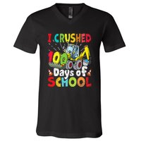 Crushed 100 Days Of School Construction Excavator Truck V-Neck T-Shirt