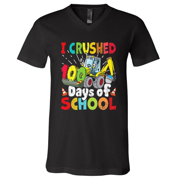 Crushed 100 Days Of School Construction Excavator Truck V-Neck T-Shirt