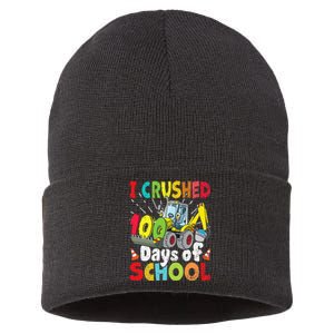 Crushed 100 Days Of School Construction Excavator Truck Sustainable Knit Beanie