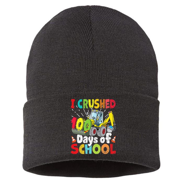 Crushed 100 Days Of School Construction Excavator Truck Sustainable Knit Beanie