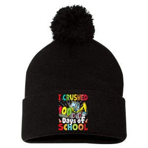 Crushed 100 Days Of School Construction Excavator Truck Pom Pom 12in Knit Beanie