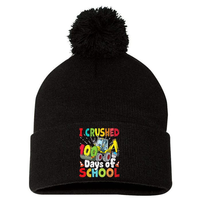 Crushed 100 Days Of School Construction Excavator Truck Pom Pom 12in Knit Beanie