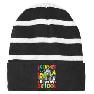 Crushed 100 Days Of School Construction Excavator Truck Striped Beanie with Solid Band