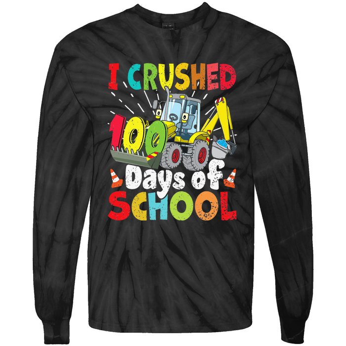 Crushed 100 Days Of School Construction Excavator Truck Tie-Dye Long Sleeve Shirt