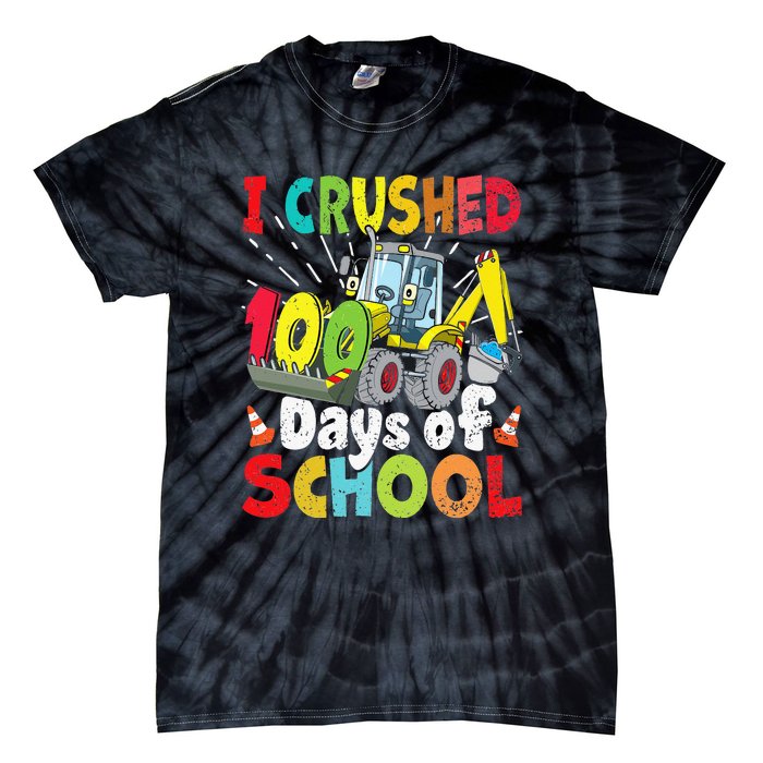 Crushed 100 Days Of School Construction Excavator Truck Tie-Dye T-Shirt