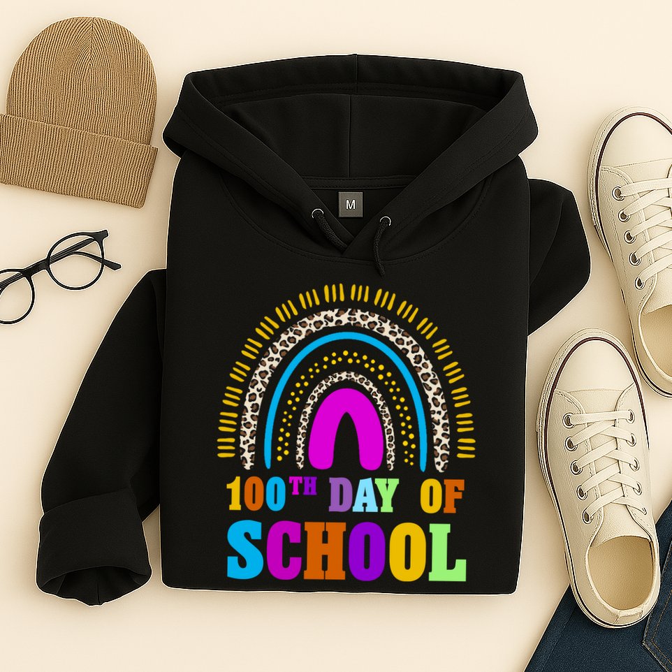 Cute 100th Day Of School Leopard Rainbow Hoodie