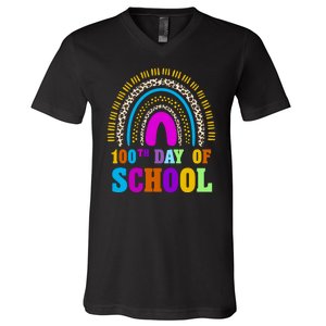 Cute 100th Day Of School Leopard Rainbow V-Neck T-Shirt