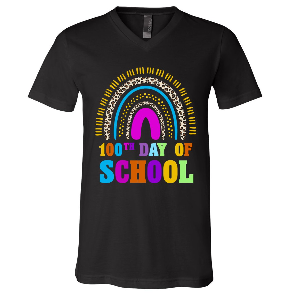 Cute 100th Day Of School Leopard Rainbow V-Neck T-Shirt