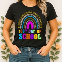 Cute 100th Day Of School Leopard Rainbow Womens T-Shirt
