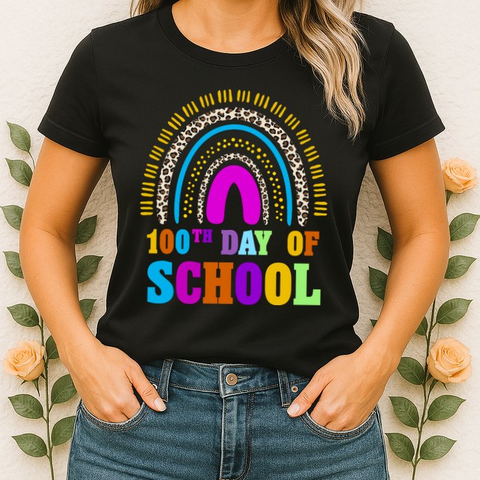 Cute 100th Day Of School Leopard Rainbow Womens T-Shirt