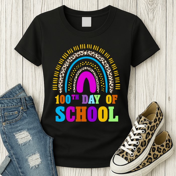 Cute 100th Day Of School Leopard Rainbow Womens T-Shirt