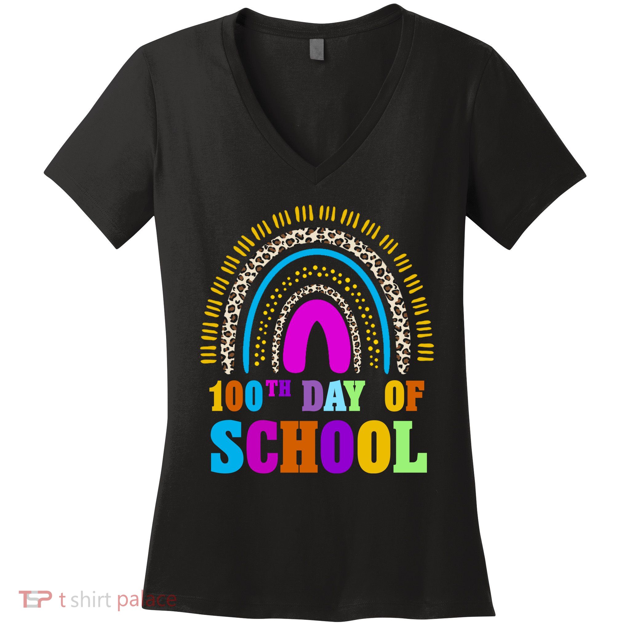 Cute 100th Day Of School Leopard Rainbow Women's V-Neck T-Shirt