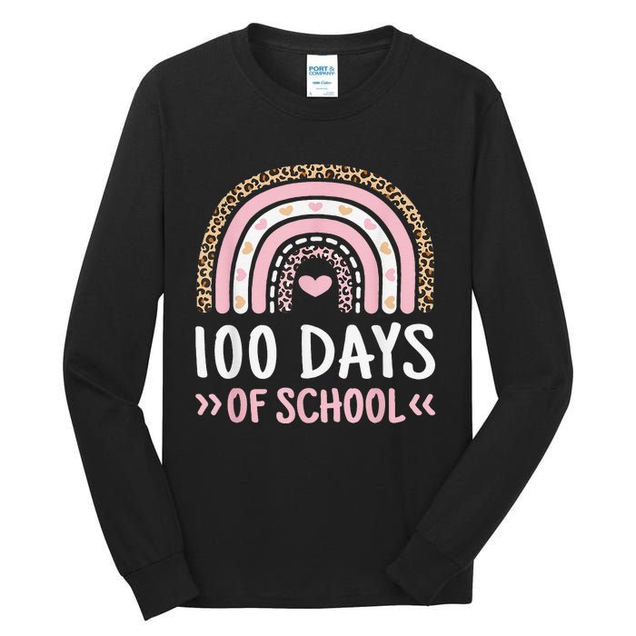 Cute 100th Day Of School 100 Days Leopard Rainbow Tall Long Sleeve T-Shirt