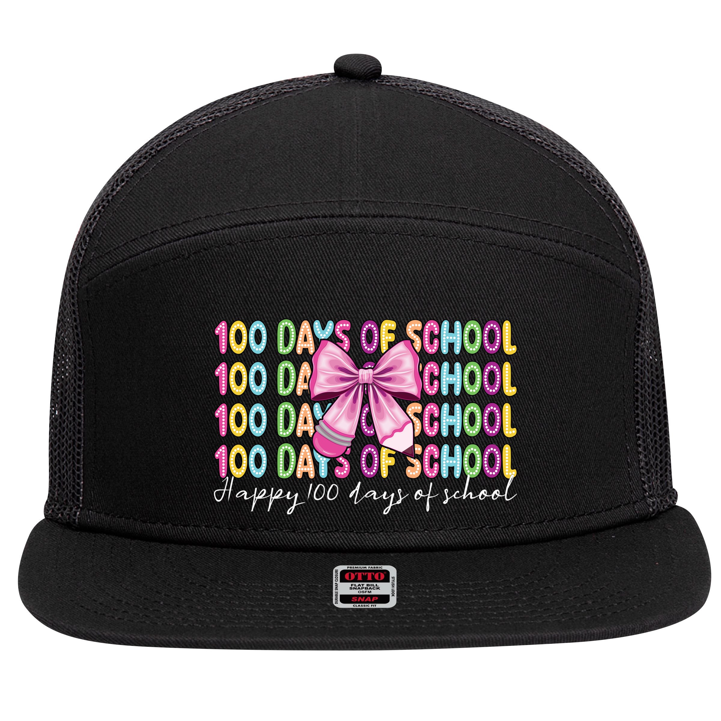 Cute 100 Days Of School Coquette Bow Pencil 7 Panel Mesh Trucker Snapback Hat