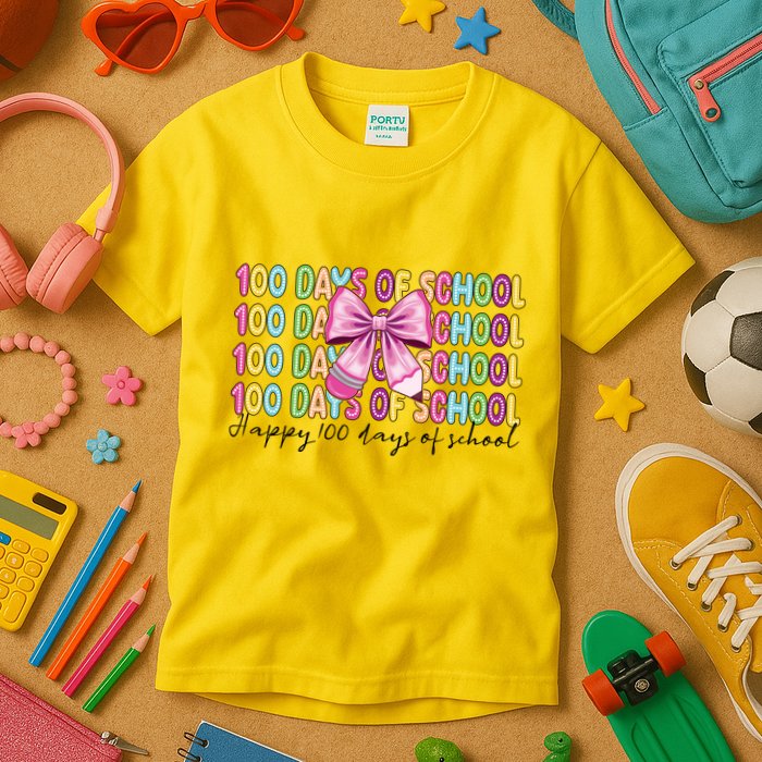 Cute 100 Days Of School Coquette Bow Pencil Kids T-Shirt