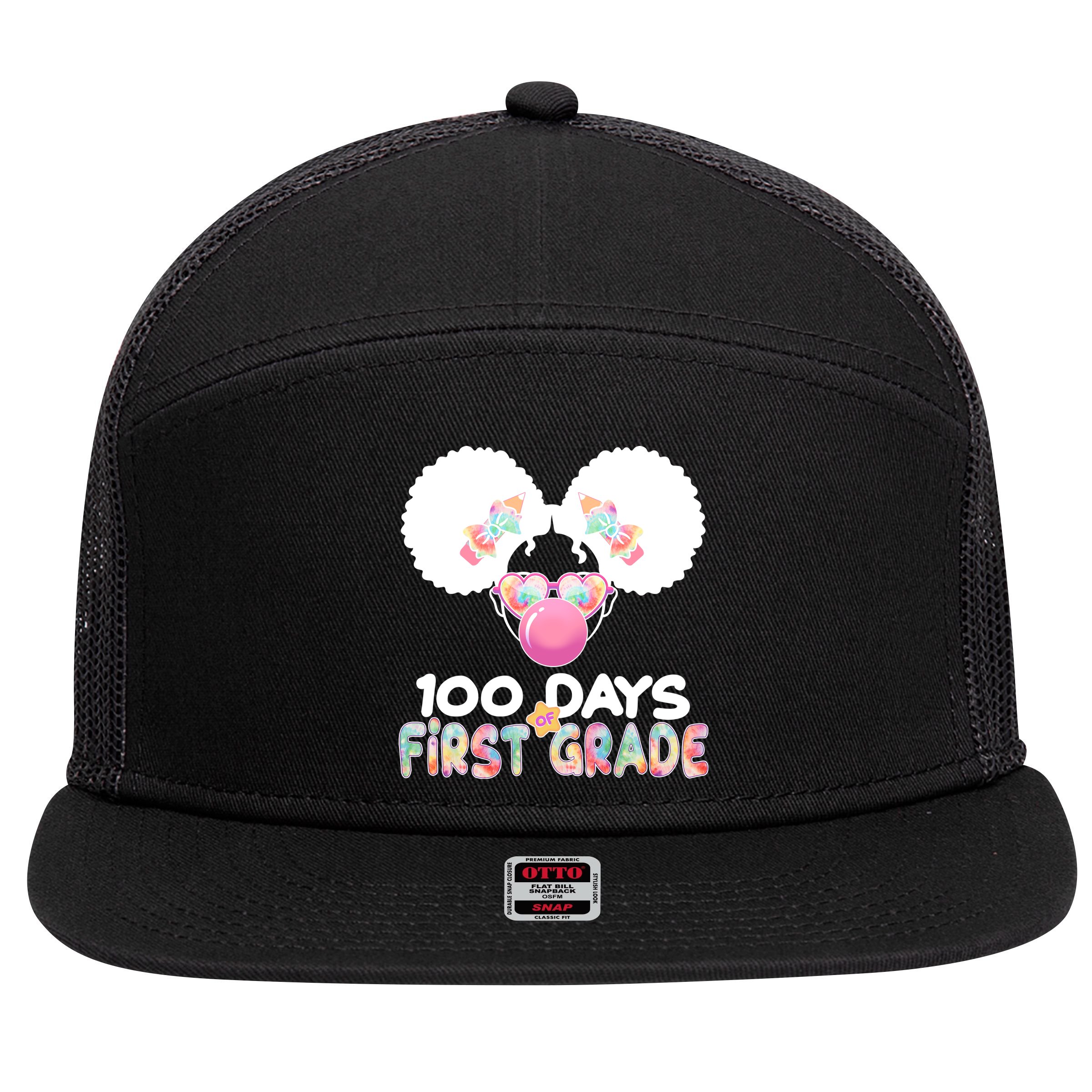 Cute 100 Days Of First Grade Tie Dye Afro Puff Girl 7 Panel Mesh Trucker Snapback Hat