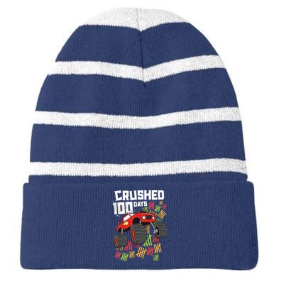 Crushed 100 Days Of School Boy Monster Truck 100th Striped Beanie with Solid Band