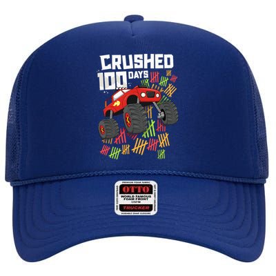 Crushed 100 Days Of School Boy Monster Truck 100th High Crown Mesh Back Trucker Hat