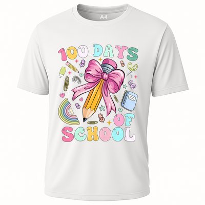 Cute 100 Days Of School Girl Coquette Bow Teacher 100th Day Cooling Performance Crew T-Shirt