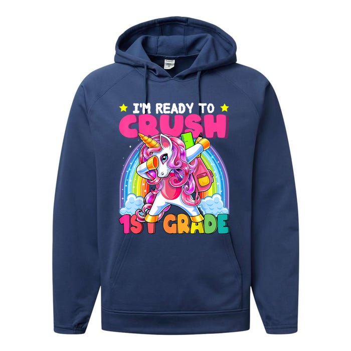 Crush 1st Grade Dabbing Unicorn Back To School Girl Gift Performance Fleece Hoodie