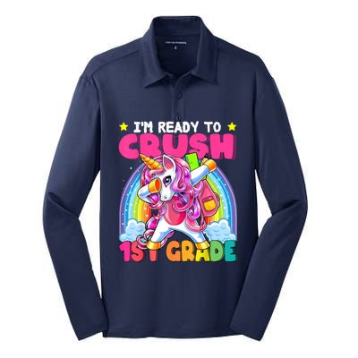 Crush 1st Grade Dabbing Unicorn Back To School Girl Gift Silk Touch Performance Long Sleeve Polo