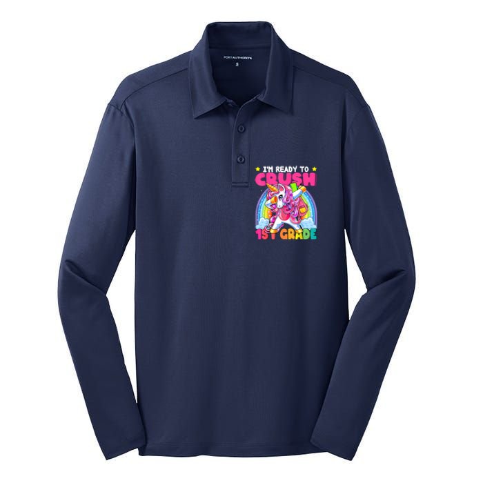 Crush 1st Grade Dabbing Unicorn Back To School Girl Gift Silk Touch Performance Long Sleeve Polo