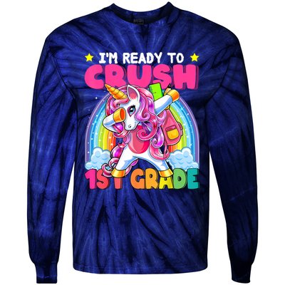 Crush 1st Grade Dabbing Unicorn Back To School Girl Gift Tie-Dye Long Sleeve Shirt