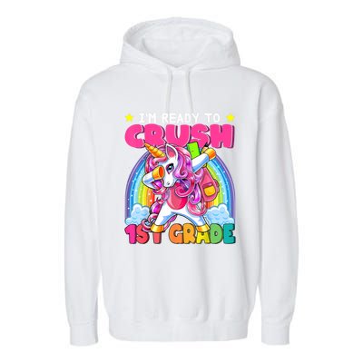 Crush 1st Grade Dabbing Unicorn Back To School Girl Gift Garment-Dyed Fleece Hoodie