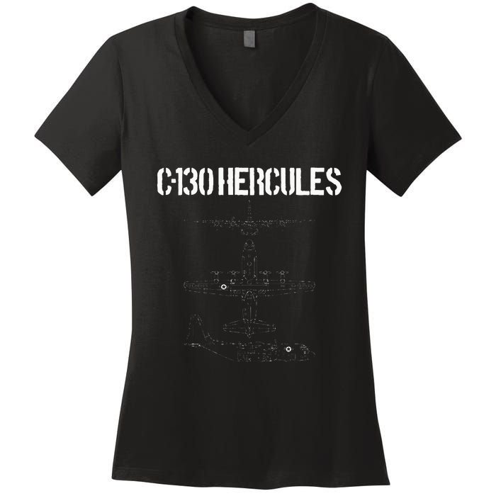 C 130 Hercules Gunship Military Airplane Schematic C130 Women's V-Neck T-Shirt