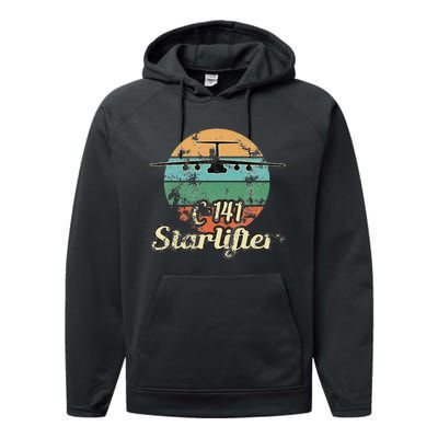 C 141 Starlifter Retro Sunset Airlift Cargo Airplane Performance Fleece Hoodie