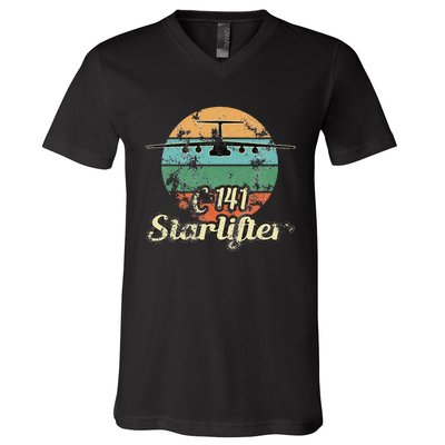 C 141 Starlifter Retro Sunset Airlift Cargo Airplane V-Neck T-Shirt