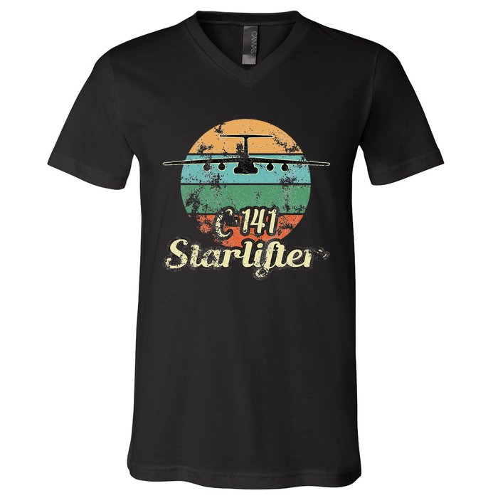 C 141 Starlifter Retro Sunset Airlift Cargo Airplane V-Neck T-Shirt