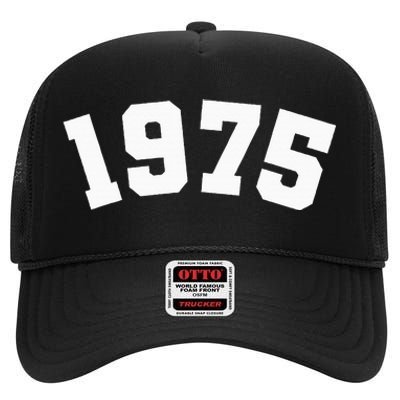 Classic 1975 Varsity Vintage College Style 49th Birthday High Crown Mesh Back Trucker Hat