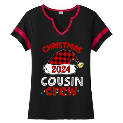 Christmas 2024 Cousin Crew Xmas Lights Santa Hat Pajamas Ladies Halftime Notch Neck Tee