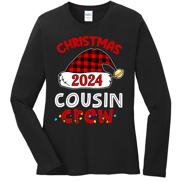 Christmas 2024 Cousin Crew Xmas Lights Santa Hat Pajamas Ladies Long Sleeve Shirt