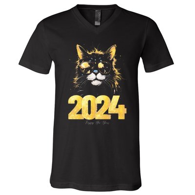 Cat  2024 Happy New Year New Years Eve Party Matching V-Neck T-Shirt