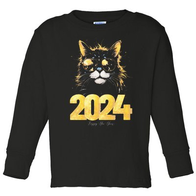 Cat  2024 Happy New Year New Years Eve Party Matching Toddler Long Sleeve Shirt