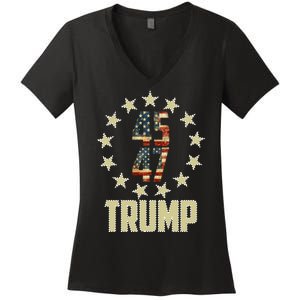 Classic 45 47 Trump American Flag Women's V-Neck T-Shirt