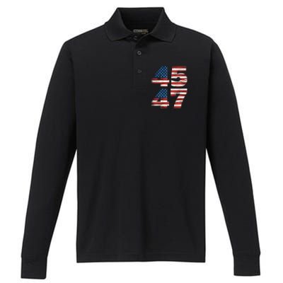 Celebrate 45 47 Trump Is My President American Flag Performance Long Sleeve Polo