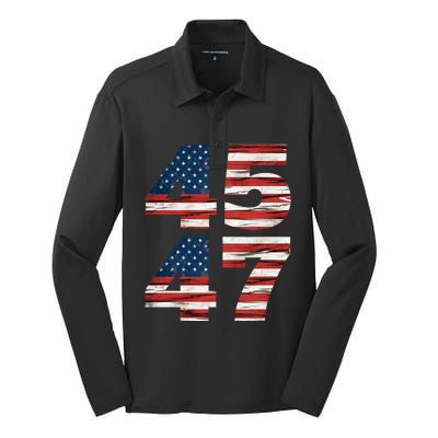 Celebrate 45 47 Trump Is My President American Flag Silk Touch Performance Long Sleeve Polo