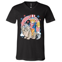 Cat 4th Of July Caticorn Unicorn Meowica V-Neck T-Shirt