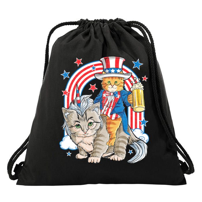 Cat 4th Of July Caticorn Unicorn Meowica Drawstring Bag